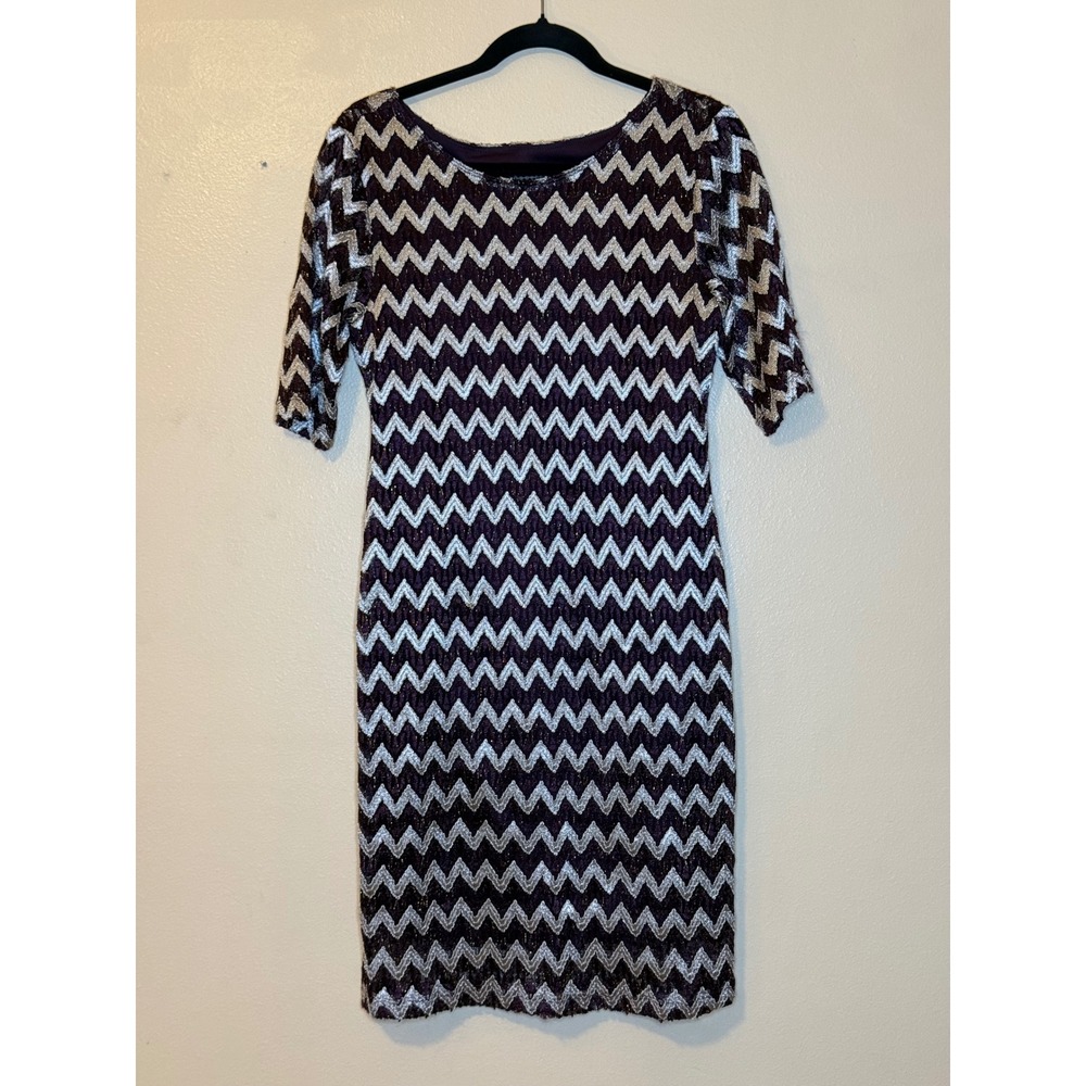 Connected Apparel‎ Womens Purple Silver Chevron Lace Sheath Dress Size 10P